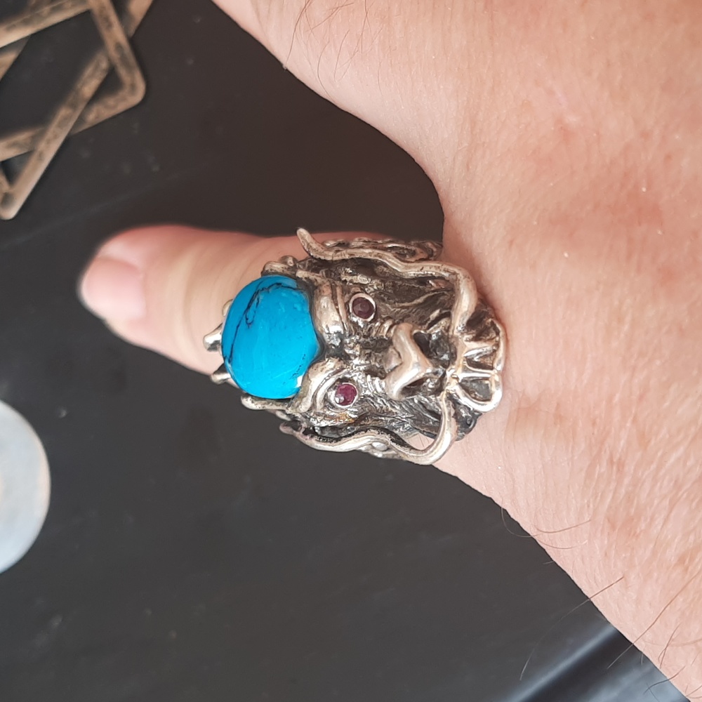 Vintage sterling silver, garnet & turquoise? Dragon ring